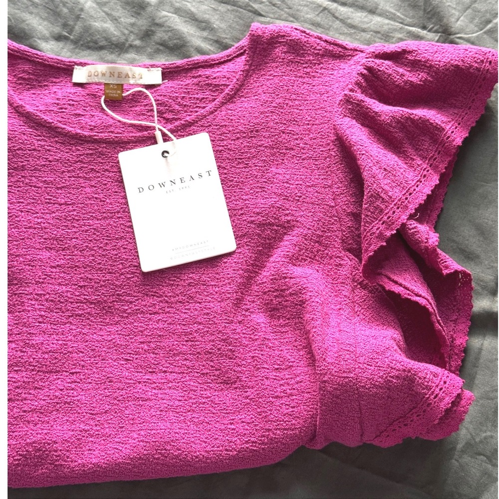 NWT Downeast Delilah Top Cactus Flower Magenta Flutter‎ Lace Sleeve Cotton XS - Picture 3 of 6